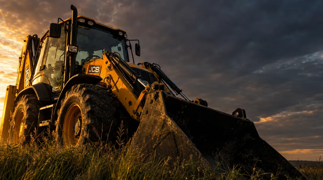 Экскаватор-погрузчик JCB 5CX в поле на закате