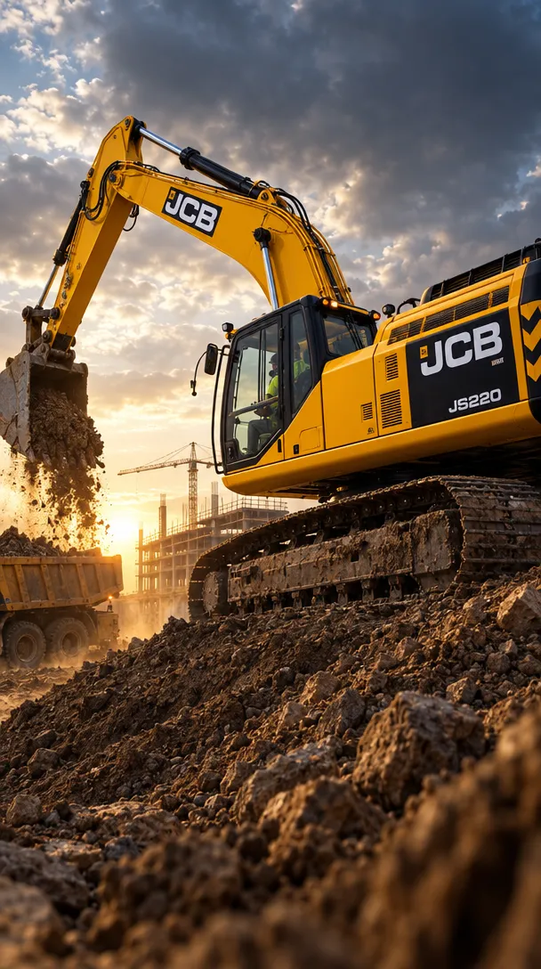 Гусеничный экскаватор JCB JS220 грузит грунт в самосвал